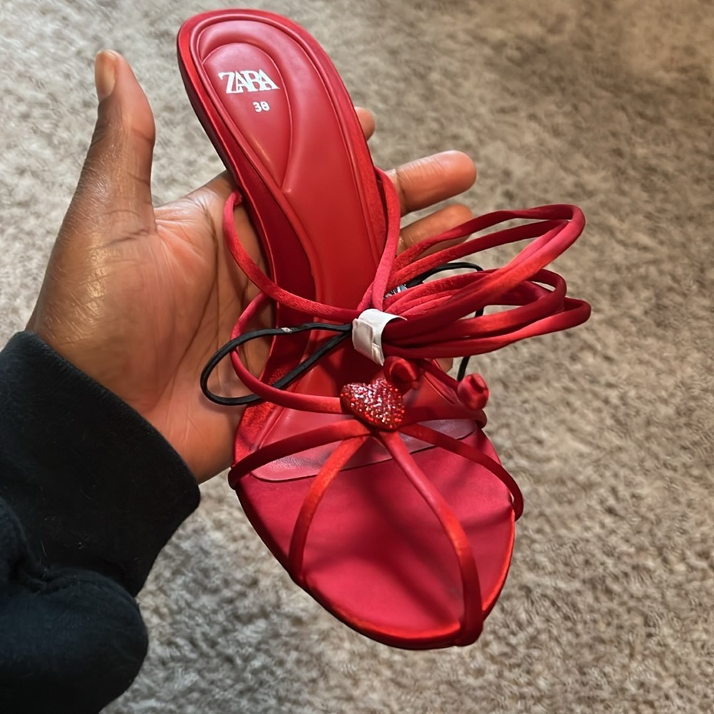 Red strappy ankle tie sandals